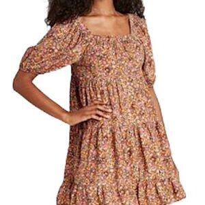Wild Fable Brown Floral Short Puff Sleeve Boho Hippie Babydoll Dress. Small